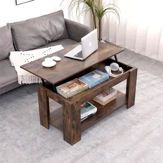 Couchtisch Höhenverstellbar Kaffeetisch mit Hebeplatte und Versteckter Stauraum Holz Wohnzimmertisch Sofatisch für Wohnzimmer, Braun