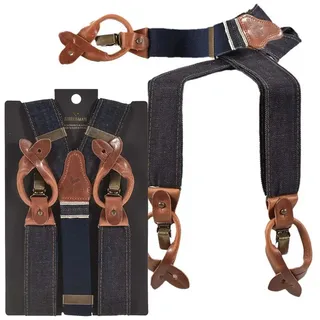 Sir Redman Hosenträger "Candiani" Denim Stury Stitch Herren mit Clips und Schlaufen Holländer Y-Form, 35mm Trägerbreite, 130cm lang, blau mit cognac blau
