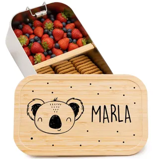 Kidsmood - Brotdose personalisiert mit Namen – Edelstahl Lunchbox mit Fächern für Kindergarten, Schule & Büro mit süßem Koala – Geschenk zur Einschulung für Kinder & Mädchen (750ml)