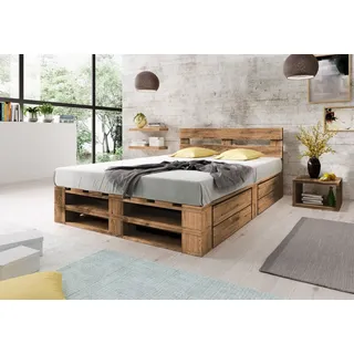 Lermowood Palettenbett M2 160 x 200 cm mit Kopfteil und 2 Bettkästen Eiche, Erhöhte Komforthöhe 40 cm, Massivholz - Braun