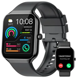 Smartwatch Herren Damen, 1.96" Fitnessuhr Pulsuhr Schlafmonitor Schrittzähler Uhr, Smart Watch Bluetooth Anrufe,113+Sportmodi Sportuhr Laufuhr,IP68 Wasserdicht Fitness Tracker für iOS Android Schwarz