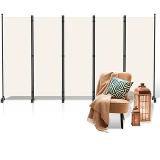 Fiqops Paravent Raumteiler auf Rollen 5 Teilig 284x181 cm, Wetterfest und Trennwand für Outdoor, Büros, Balkon - Beige