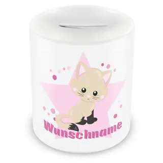 Samunshi® Kinder Spardose mit Namen und süßer Katze als Motiv für Kinder - Jungen und Mädchen Sparschwein 330ml weiß