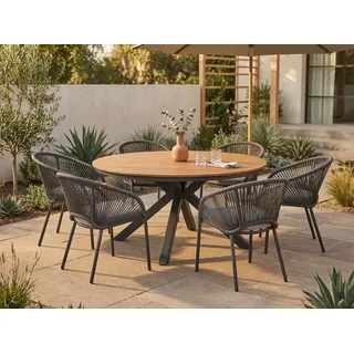 Lesli Living Garten-Essgruppe "Arrezo" Rund Ø120cm + 6 oder 4 Geflecht-Stühlen, Teakholz, Aluminium, (7-tlg), Sitzkissen, Geflochten, Scandi / Skandi - Boho, Gartenmöbel-Set, Rope grau