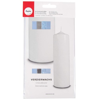 Rayher 31567358 Verzierwachs-Set Baby, 8 Verzierwachsplatten/-streifen, blau/weiß-Töne, Wachs zum Kerzen verzieren, ideal für Taufkerzen, Wachsfolie