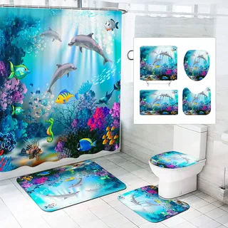 SMchwbc Ozean Delfin Duschvorhang 180x180 180x200 Delfin Fisch Blau Strand Duschvorhänge Set Polyester Delfine Pflanzen Shower Curtains Badezimmerteppich 4-teiliges Set (180 x 200 cm(BxH),1)