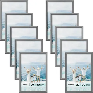 WOLTU Bilderrahmen 20x30 cm Grau, 10er Set Fotorahmen aus Massivholz und PS-Platte, Holzrahmen mit Passepartout, zum vertikalen oder horizontalen Aufhängen/Aufstellen, Posterrahmen Collage Wanddeko