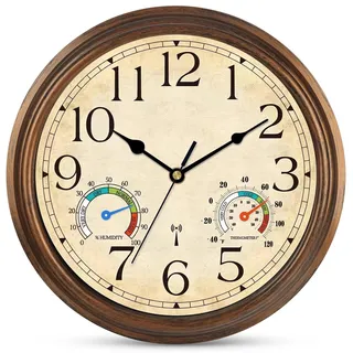 Wanduhr Funk, Funkuhr Wand Lautlos Retro Wohnzimmeruhr 30cm Küchenuhren Geräuschlos Funkwanduhr mit Temperatur und Feuchtigkeitsanzeige (Braun)
