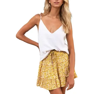 EMOTTOS Damen Flared Kurzer Röcke, Boho Elastischer Mini-Skaterrock mit Kordelzug und Hoher Taille mit Blumendruck, Rüschensaum Plissee Floaty Blumen Rock, Gelb, L - L