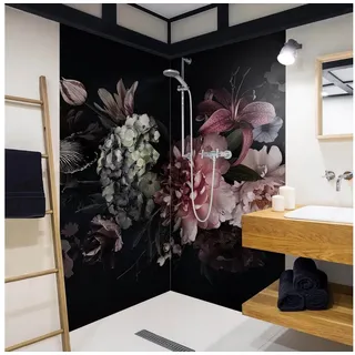 Bilderdepot24 Duschrückwand Blumen schwarz Duschrückwand ohne Bohren Dusche Motiv, (2-tlg., 0,61 mm starke Folie selbstklebend Wandpaneele Dusche versch. Größen), fugenlose & wasserfeste Motiv Rückwand Wandverkleidung für Duschkabine schwarz 110 cm x 190 cm