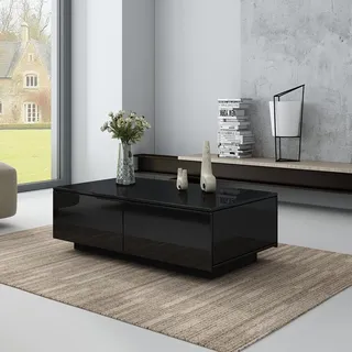 Senvoziii Couchtisch für Wohnzimmer, Moderner Beistelltisch aus Holz, Schwarzer Hochglanz Kaffee Tee Tisch mit 4 Schubladen zur Aufbewahrung für Home Office Möbel