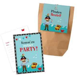 12x "Piraten" Einladungskarten + Partytüten - Set / Piraten Party Einladungskarten Piraten Kindergeburtstag / Partytüten Kindergeburtstag Piraten Partytüten Kindergeburtstag Einladungen Piraten