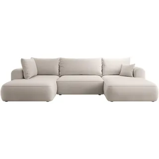 Selsey OVO - Wohnlandschaft U-Form-Sofa mit Schlaffunktion, Bettkasten, Ottomane links, Veloursbezug Creme