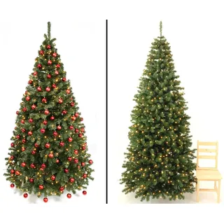 Geschmückter künstlicher Weihnachtsbaum 270cm mit roten Kugeln und LEDs,
