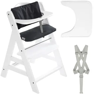 hauck 2-tlg. Alpha Plus Sparset - Hochstuhl + Essbrett Wooden Tray + Sitzkissen Deluxe in Melange Charcoal - White