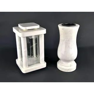 designgrab Set Grablampe Modern 25,5 cm & Marmor Vase 25 cm – massiv, hochwertig & poliert – Carrara Marmor – weiß