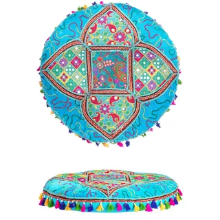 Orientalische Kissen Bodenkissen Bunt aus Baumwolle ø 55cm inklusive Füllung | Marokkanisches Sitzkissen Sitzpouf Bahri Blau Rund | Orientalisches rundes Yogakissen Meditationskissen bestickt