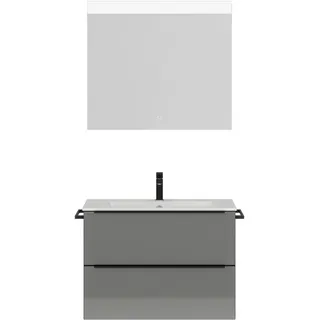 Nobilia nobilia® Badmöbel-Set Levere, (2-St., vormontiert, mit Soft-Close), Hochglanz, inkl. Spiegel mit Touch-Sensor, in vier Breiten grau 81 cm x 169 cm x 48,7 cm