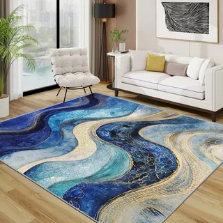TerroVee Abstrakt Teppich 140x200 cm, Modern Luxus Wellenmuster Teppich Wohnzimmer, Marmor Kust Kurzflor rutschfest Pflegeleicht Teppiche Für Jugendzimmer Schlafzimmer, Gold Blau