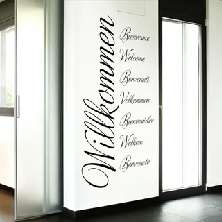 Grandora Wandtattoo Wort Willkommen in 8 Sprachen I schwarz (BxH) 80 x 161 cm I Flur Diele selbstklebend Aufkleber Wandaufkleber Wandsticker Sticker W3014