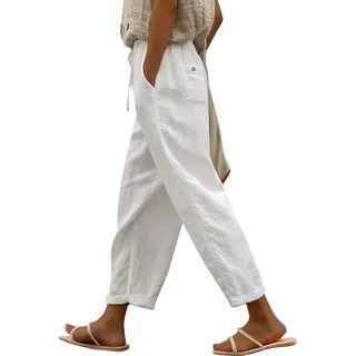 Leinenhose Damen Sommer 7/8 - Sommerhose Damen Leicht und Luftig Capri Hose Damen High Waist mit Taschen Baggy Freizeithose Weites Bein Strandhose Lässig Baumwolle Leinen Lange Hosen Frauen