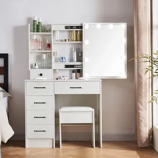 Schminktisch mit Hocker LED Licht und 6 Schubladen 36x80x131 cm