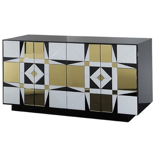 Casa Padrino Luxus Sideboard Schwarz / Weiß / Gold 140 x 45 x H. 80 cm - Massivholz Schrank mit 4 verspiegelten Türen - Luxus Möbel