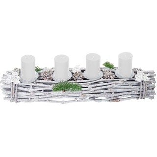 Mendler Adventskranz länglich, Weihnachtsdeko Adventsgesteck, Holz 60x16x9cm weiß-grau ~ mit Kerzen, weiß