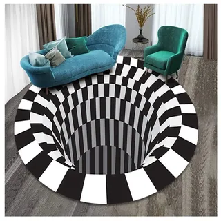 GUOCU Runder Teppich 3D Wirbel Optischer Täuschung Teppich,3D Visual Illusion Rutschfester Teppich Dreidimensionaler Schwarzweiß Vortex Teppiche Schlafzimmer Esszimmer Sofa Matte Bodenmatte B 160CM