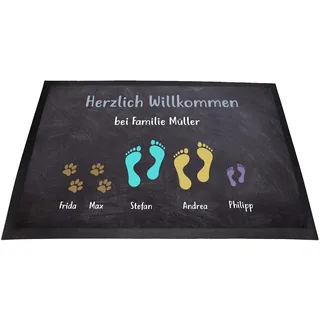 Fußmatte personalisiert Familie & Haustiere – individuelle Eingangsmatte 60x40 cm mit Namen, Pfoten & Motiven – personalisierte Familien-Fußmatte für Haustür, Hundebesitzer & Geschenkidee