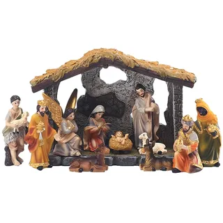 Fulenyi Weihnachtskrippe Set, Tischszene, Krippenstall mit 11 Figuren, Weihnachtsdekoration, Kunstharz, Wohnaccessoire Deko, Traditionelle Krippe für Weihnachten