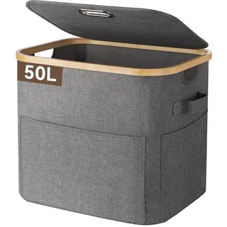 OUSFOT Wäschekorb Klein, 50 L Wäschekorb mit Deckel Faltbar, Großen Vorderen Taschen und Einem Robusten Griff, Wasserdichter Laundry Basket für Wandschrank, Schlafzimmer, Waschküche, Badezimmer
