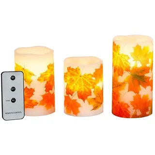 HI LED-Kerze 3er Set Kerze LED Echtwachskerze mit Fernbedienung + Timer Ahornblatt (3-tlg), 10 + 12,5 + 15cm Ø 7,5 cm flackerndes Licht, romantisch