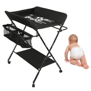 Homewell Baby Wickelkombi Wickelkommode, Mobile Wickeltisch Klappbar, mit Wickelauflage, Sicherheitsgurt, Ablagefächern, süßem Muster und Höhenangabe, Stabil und Bequem (Schwarz)