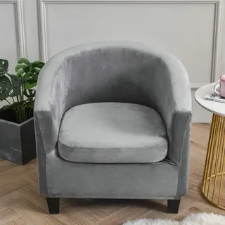 Highdi Sesselschoner 2 Teilige Samt Plüsch Sesselbezug, Stretch Tub Chair Sesselhussen mit Armlehne, Club Sesselüberwurf für Clubsessel Loungesessel Cocktailsessel (Grau)