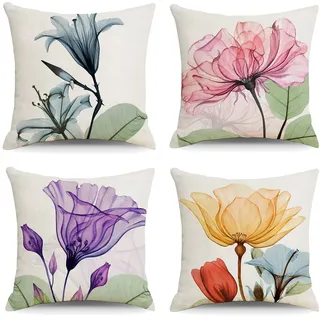 OCEUMACO Leinen Kissenbezug 50x50 Boho Blumen Muster Kissenhülle 4er Set Quadratisch Dekokissen Sofakissen Bezug für Couch Landhausstil Kissen Kissenbezüge Deko Zierkissen Couchkissen - Bunt