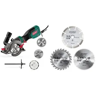 HYCHIKA Handkreissäge, 750W Kreissäge 3500U mit 3 Sägeblättern (115 und 125mm) mit Führungsschiene Max Schnitttiefe 48mm(90°)/32mm(45°), mini Kreissäge für Holz, Weichmetall, Fliesen u.s.w