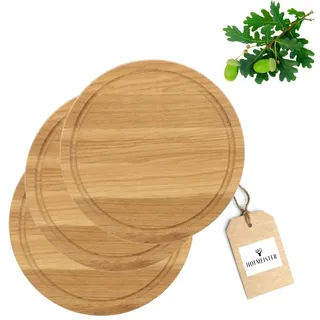 3X HOFMEISTER® Schneidebrett aus Eichen-Holz, rund 25 cm, kleines Tranchierbrett mit Saftrille, robuste Schneide-Unterlage aus Europa, einfaches Schneiden auf einem Profi-Hackbrett