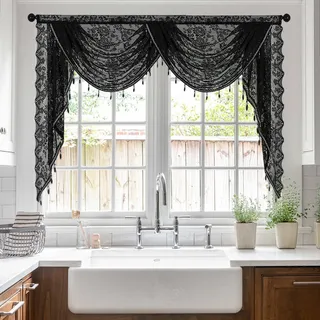 vctops Wasserfall-Volants mit Spitze für Fenster, Blumenmuster, Vintage, Girlande, durchsichtig, Küchenfenster, Vorhänge, Volant für Wohnzimmer, Schlafzimmer, Badezimmer, Café (Schwarz, 150 x 104 cm)