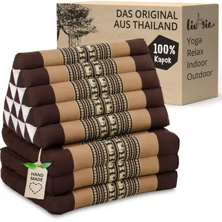 livasia Thaikissen 3 Auflagen extrahoch - 185x55x8cm - Dreieckskissen mit Klappmatratze, Kapok, Jumbo Rückenkissen faltbar, Thaimatte Klappen, handgefertigt, Meditationskissen (Braun/Elefanten)
