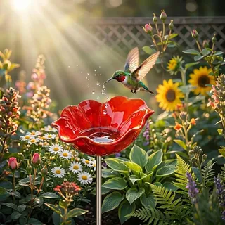 Vogeltränke Stehend, Bienentränke Keramik Blume, Insektentränke Keramik, Vogeltränkes Keramiks, Vogeltränke Blume Bienentränke Keramiks Gartenstecker, Gartenstatuen Gartendeko für Draußen (Rot-1Pcs)