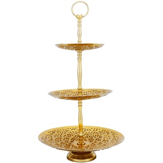 Orientalische Etagere 3 Etagen aus Metall Aghdas Gold 50cm Hoch | Etageren als Ständer für Obst Muffin Cupcake oder Kuchen | Marokkanische Dekoration auf dem gedeckten Tisch in Ihre Hochzeit