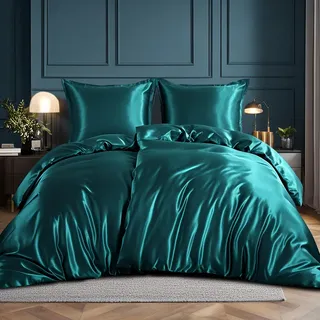 RUIKASI Satin Bettwäsche 135x200 4teilig - Bettbezug Grün mit Glanz wie Seiden Bettwäsche Set Dunkelgrün für Haar und Haut, Glänzend Bettwäsche 135x200cm mit Reißverschluss und Kissenbezug 80x80cm