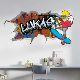 vr64 tjapalo® 3D Wandtattoo Graffiti Name Wandaufkleber Junge wandtattoo Skater cooles Wandtattoo Kinderzimmer Name, Größe: B70xH37cm