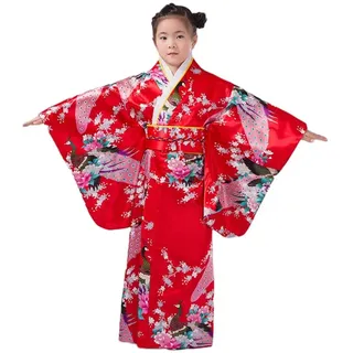 Zghhc Traditionelles Japanisches Mädchen-Kimono-pfauen- Und Blütenmuster-Yukata-Kleid Aus Satin-seiden-Kimono-Robe Für Party-Performance-Kleid