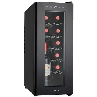 Klamer Weinkühlschrank 12 Flaschen, 34 L, 5-18 °C, vibrationsarm, 37 dB | 3-fach verglaste Tür mit UV-Schutz, thermoelektrische Kühlung, Touch-Display, Ablagen für Rot-, Weiß- und Schaumwein