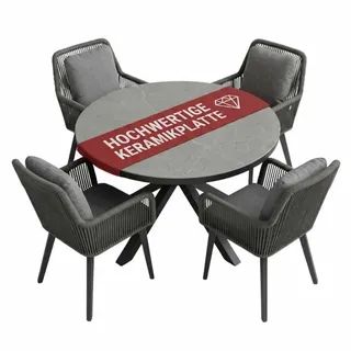 MR.DEKO Garten-Essgruppe Gartentisch rund Almeria 120cm + 4 Gartenstühle Marbella Rope Grau, (5-teilige Essgruppe mit Tisch & 4 Rope-Stühlen), Wetterfestes Aluminium-Set mit kratzfester Keramik & Rope-Sessel grau