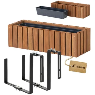 HOMERZO Holz Pflanzkasten Blumenkasten rechteckig – braun imprägniert, mit herausnehmbarem Kunststoff-Einsatz – Pflanzkübel für Balkon, Garten & Terrasse (Vertikal-braun, 65x23 H20 + Halter)