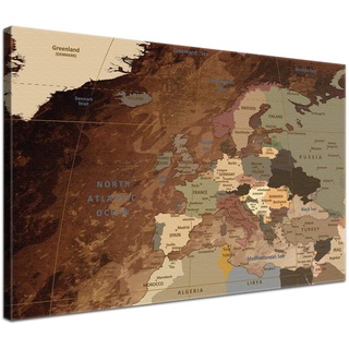 LANA KK – Europakarte Leinwandbild mit Korkrückwand zum pinnen der Reiseziele „Europakarte Intensive” - englisch - Kunstdruck-Pinnwand Globus in braun, in 120x80cm