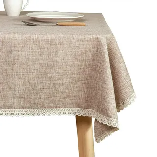 Tischdecke Aus Jute Im Landhausstil, Waschbar, Robust, Dick, Beige, Mit Spitzenbordüre Rechteckig (140 X 180 Cm).